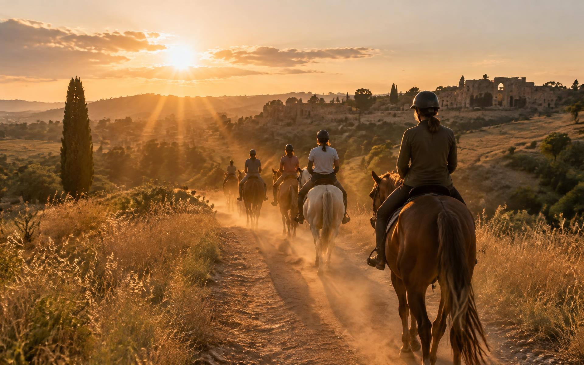 Gruppo di cavalieri in passeggiata al tramonto nella campagna romana